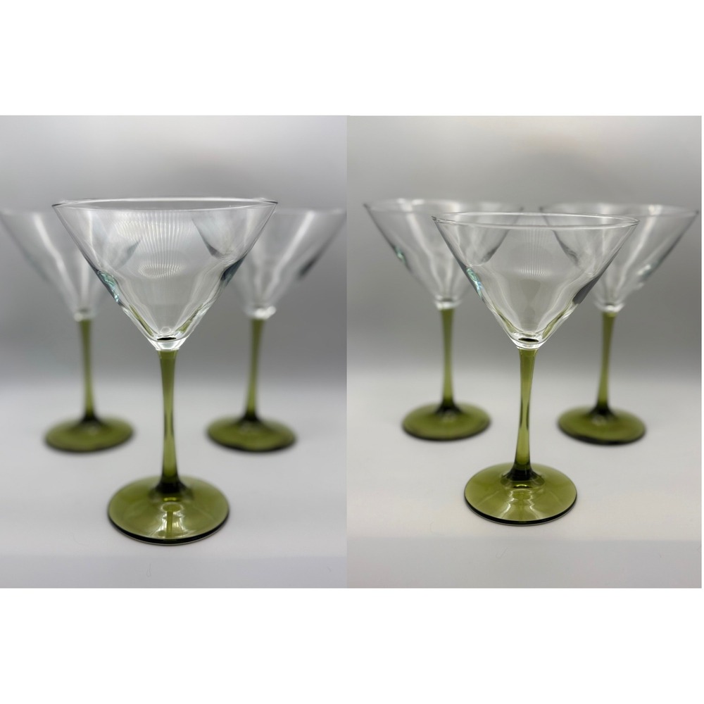 Set of 6 Martini Glasses Olive Green Stem Clear Bowl Mid Century Modern Style